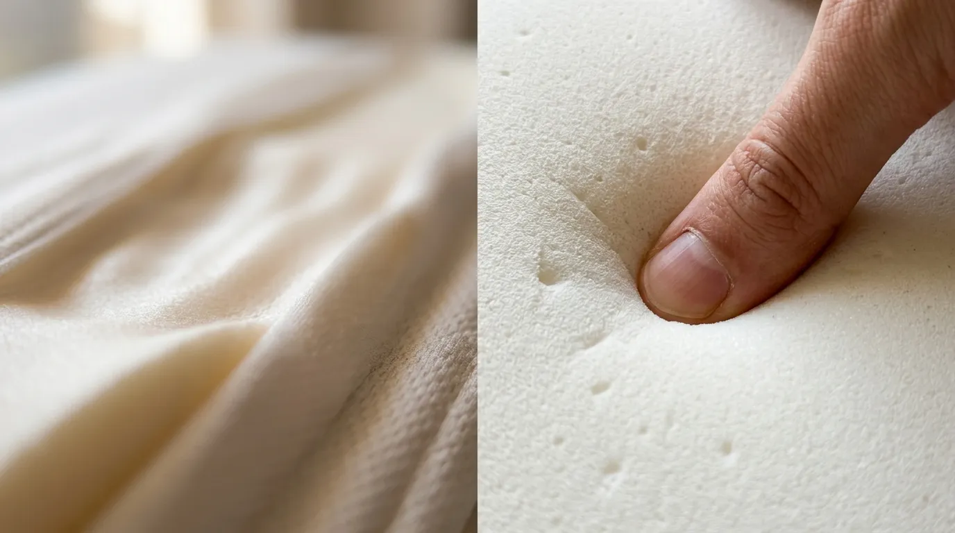 Närbilder av olika kuddmaterial som minnesskum, latex och polyester