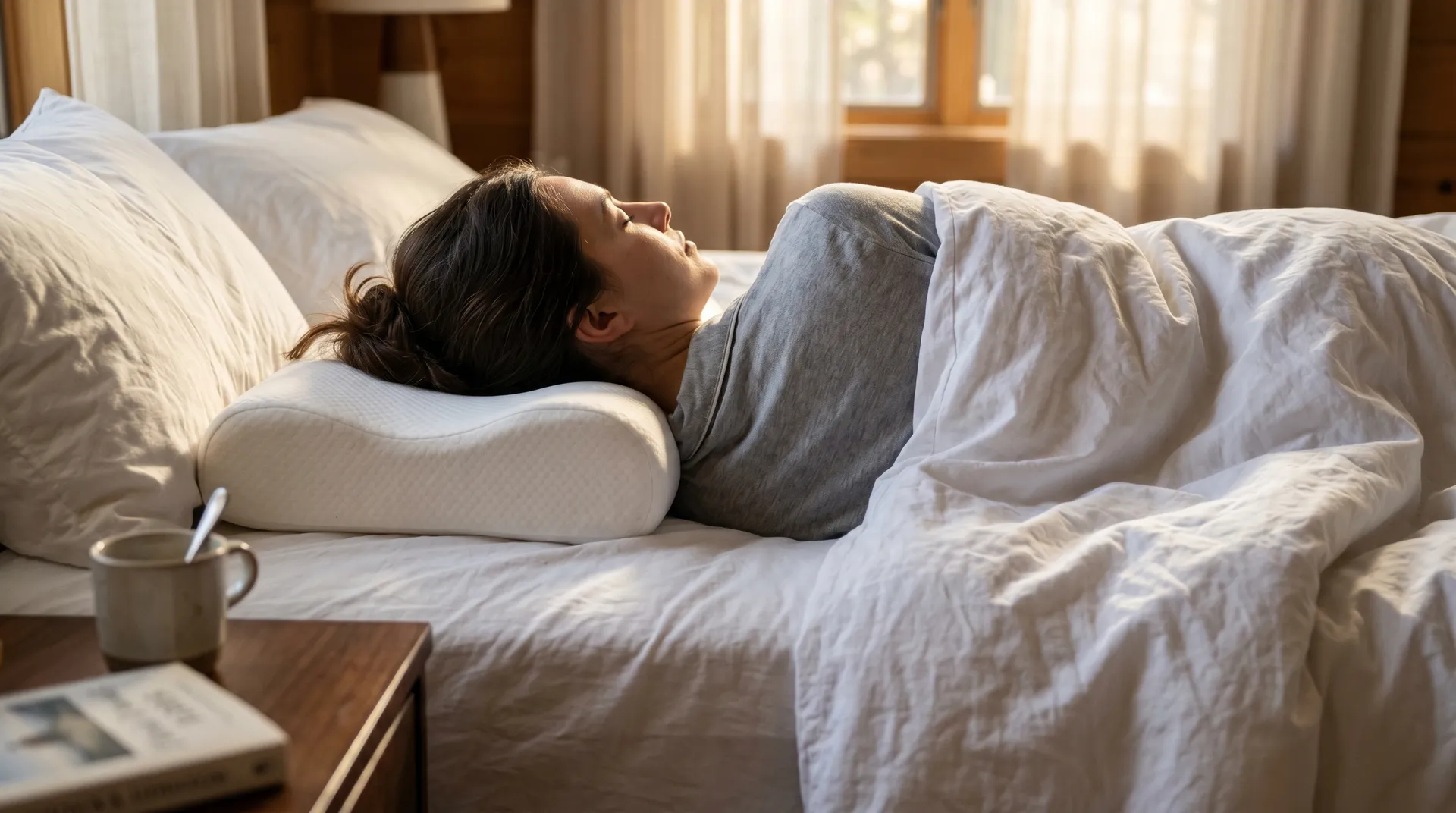 Sovande person på ergonomisk kudde med korrekt nackstöd