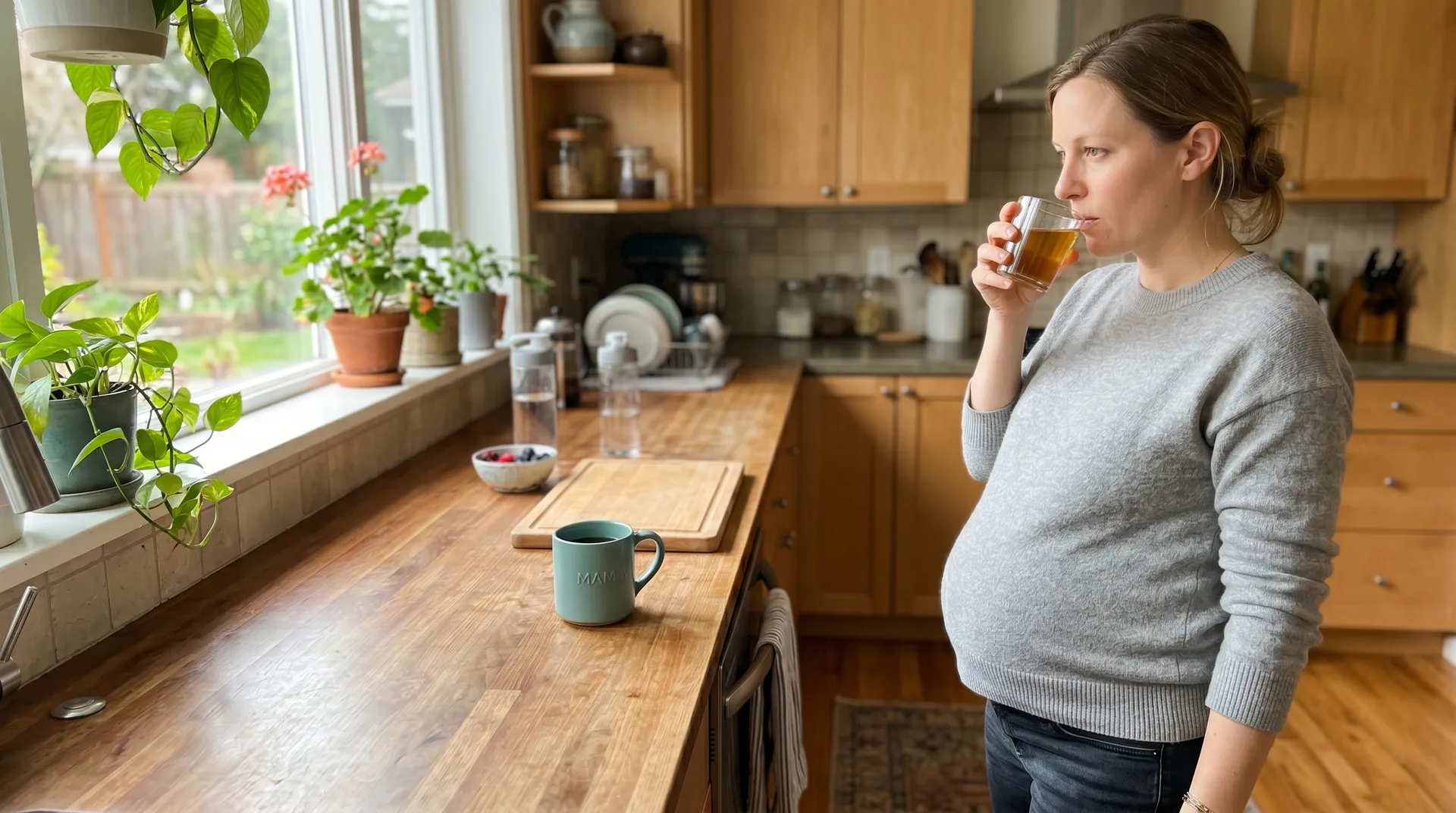 Gravid kvinna tar daglig kollagenshot