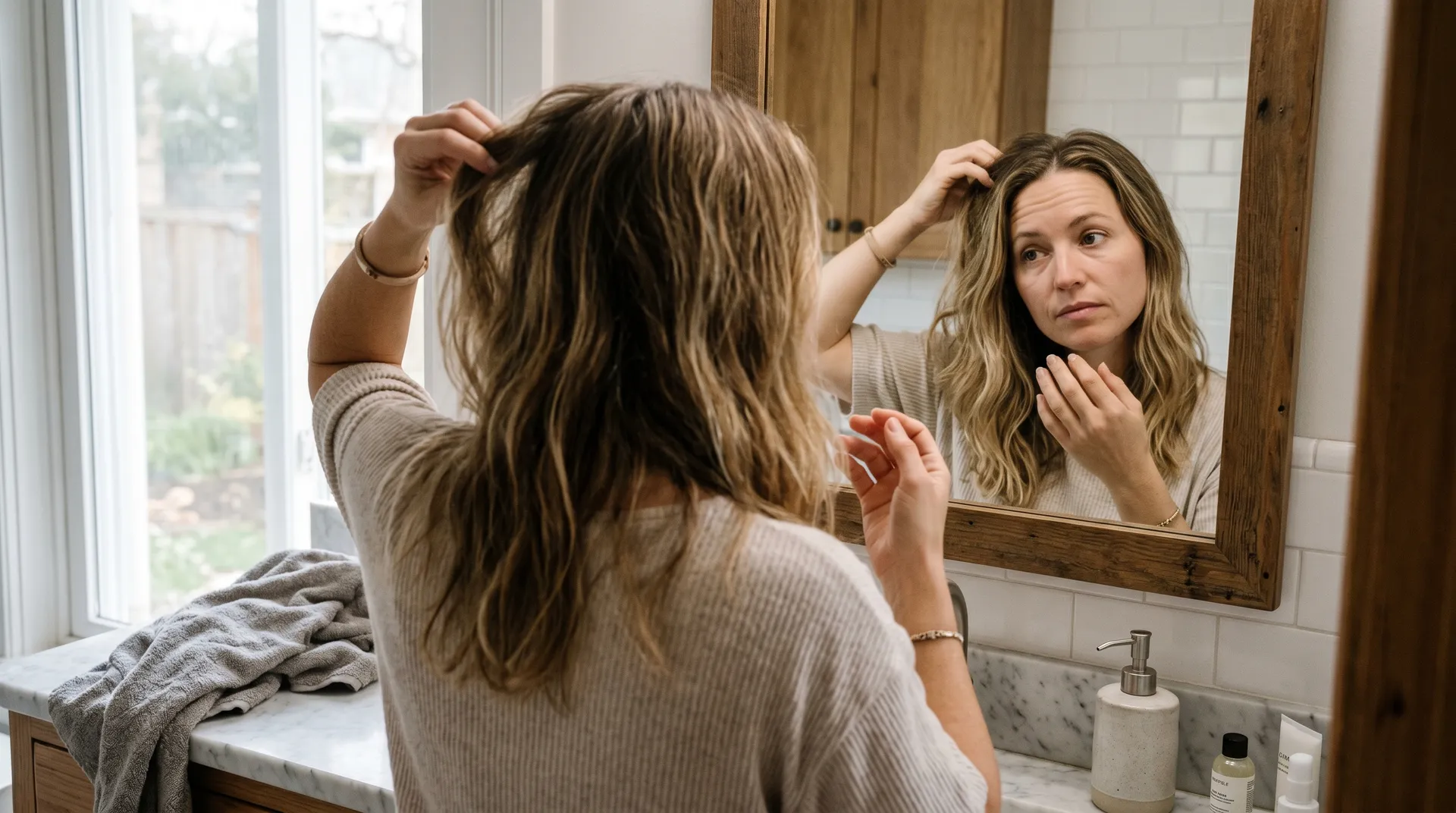 Kvinna undersöker sitt hår och naglar