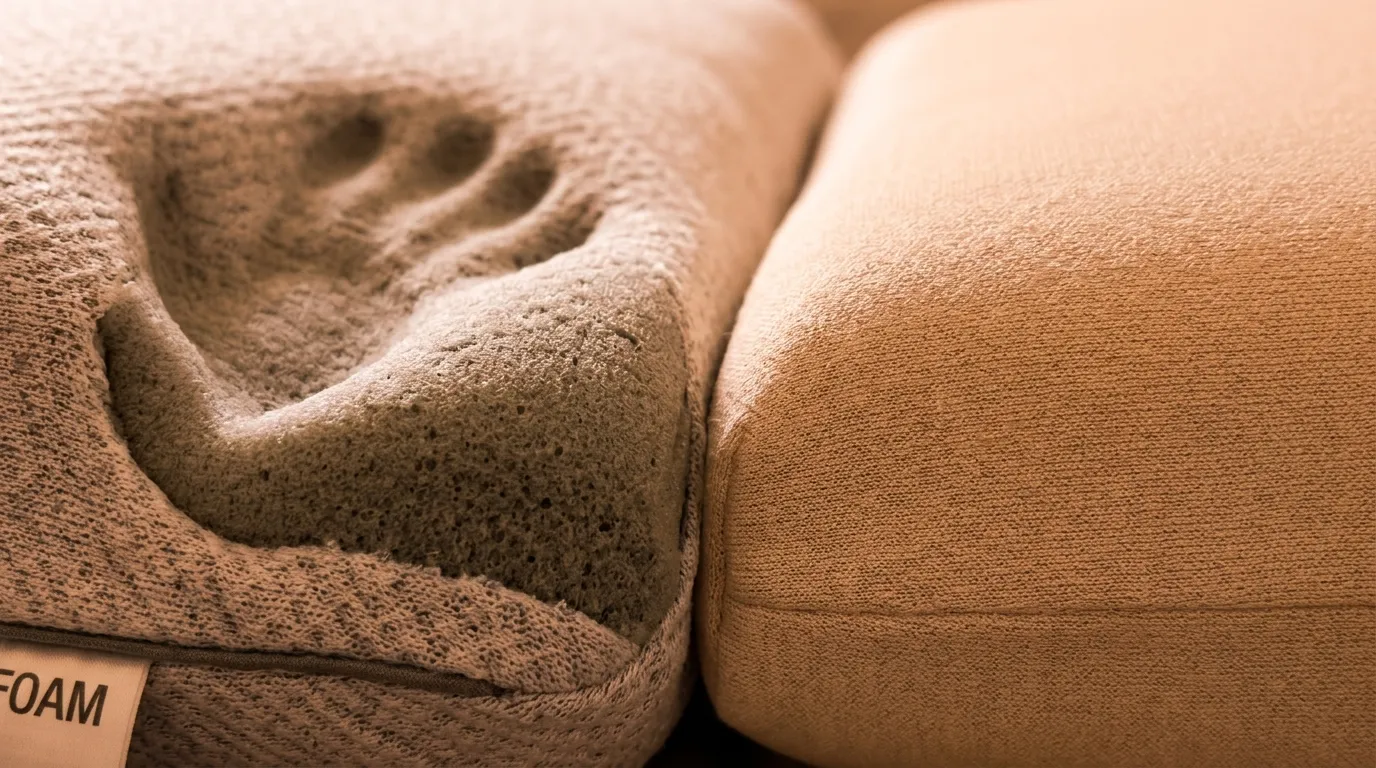 Närbild på minnesskum och latex kuddar bredvid varandra