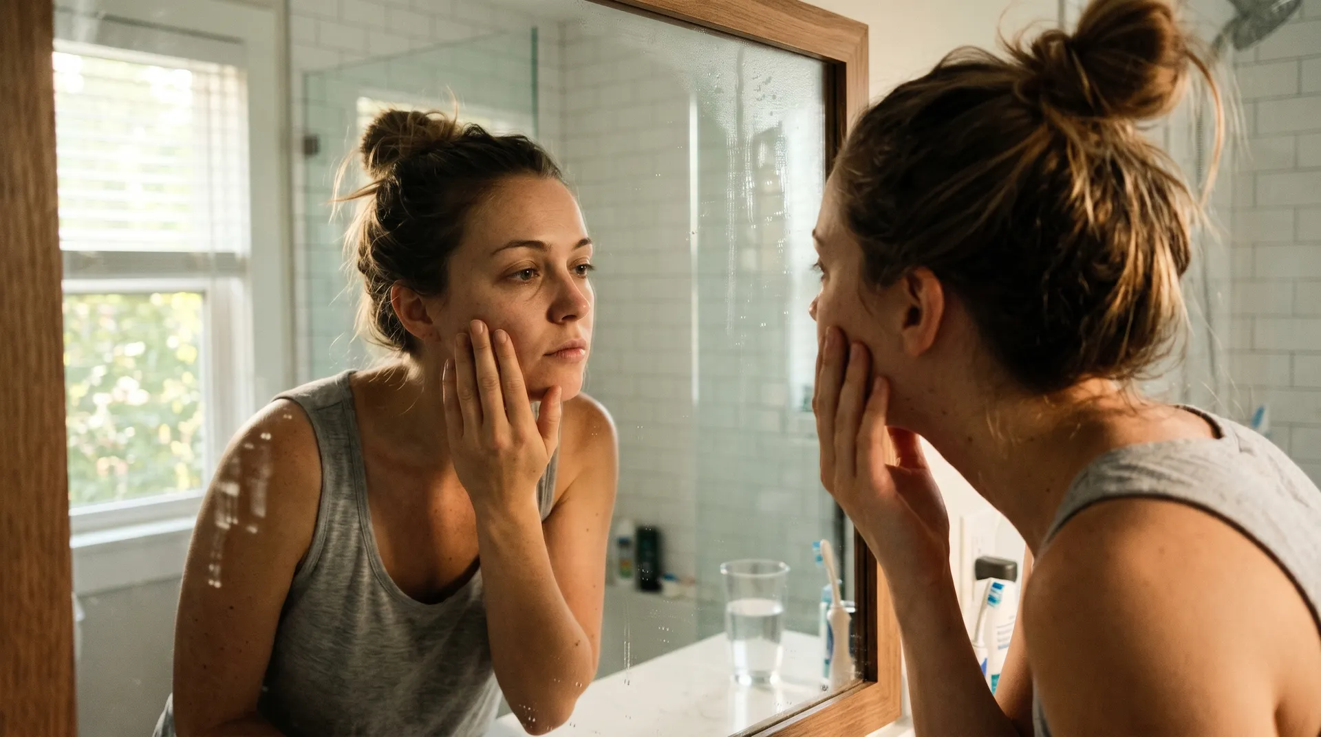 Kvinna undersöker sin hud i spegeln