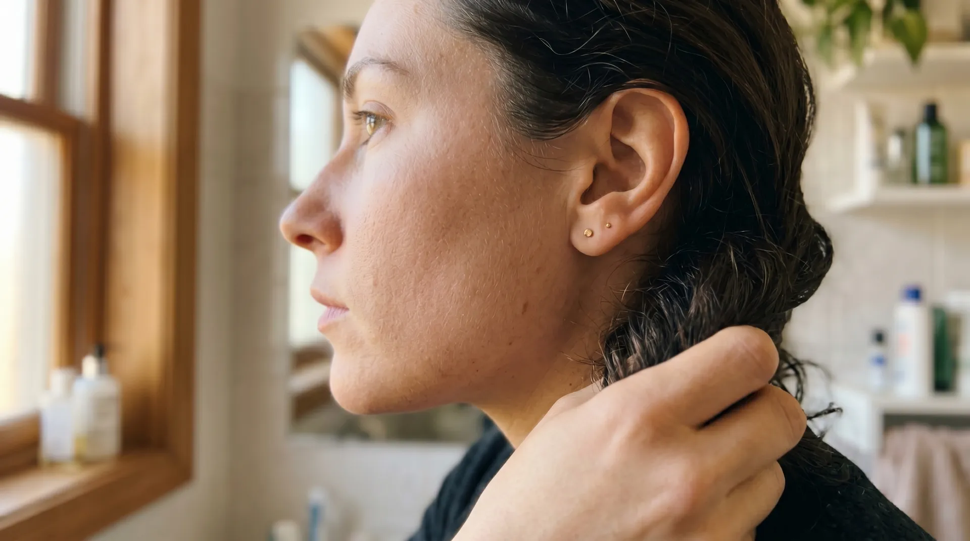 Kvinna undersöker hud i spegel