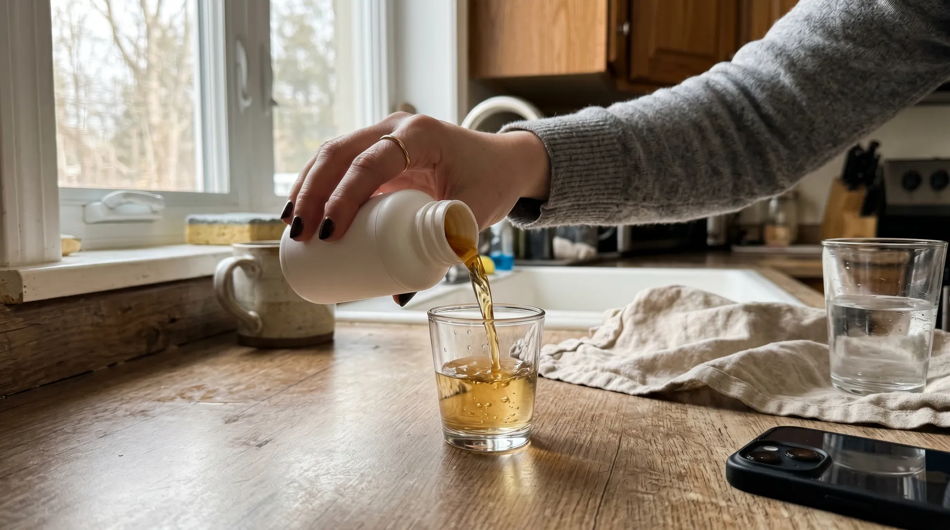 Kvinna tar en daglig shot kollagen