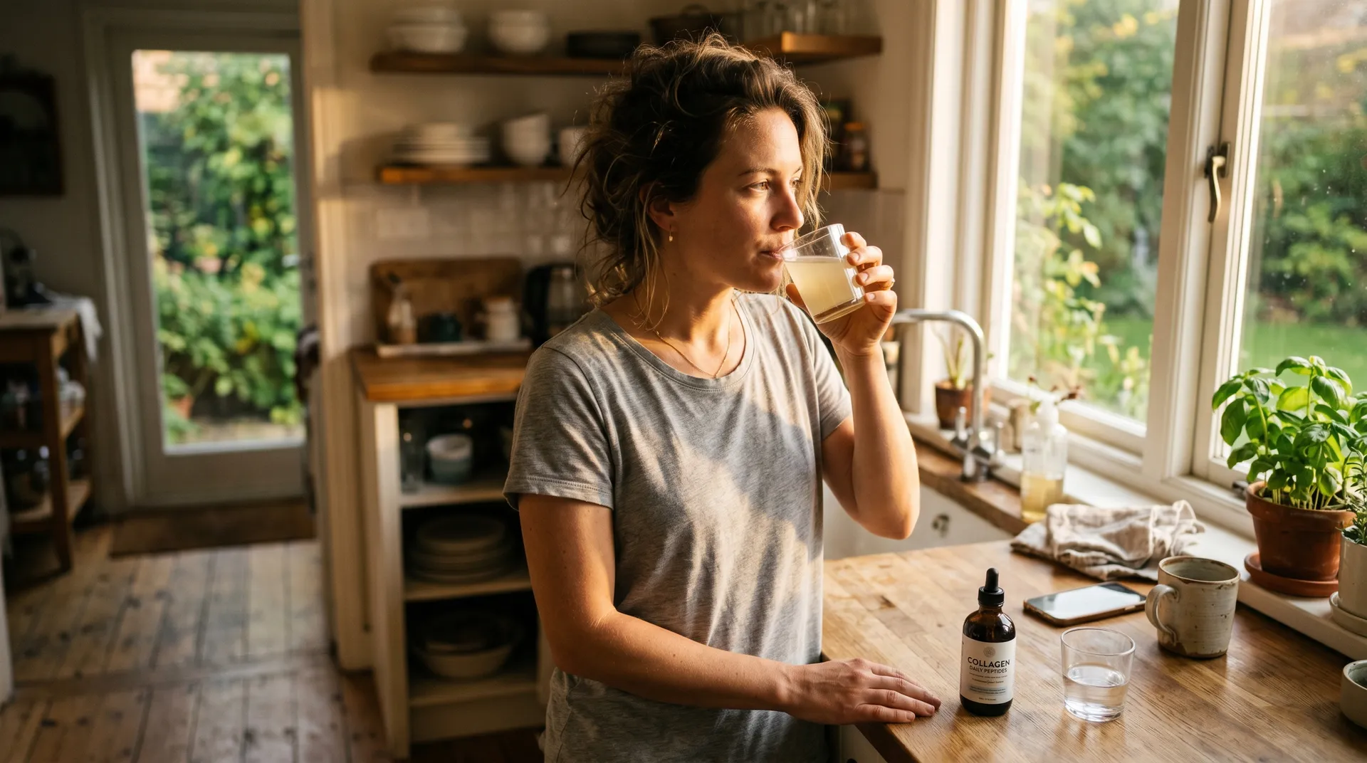 Kvinna dricker kollagentillskott på morgonen