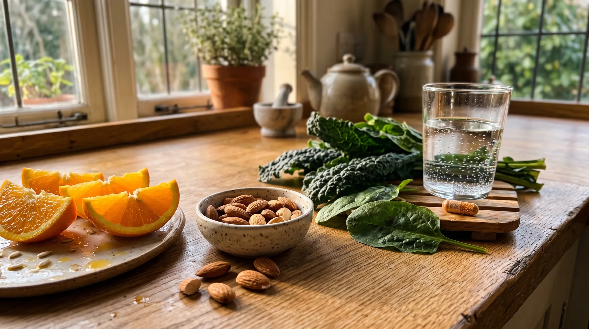 Veganska livsmedel rika på C-vitamin och zink för kollagenproduktion