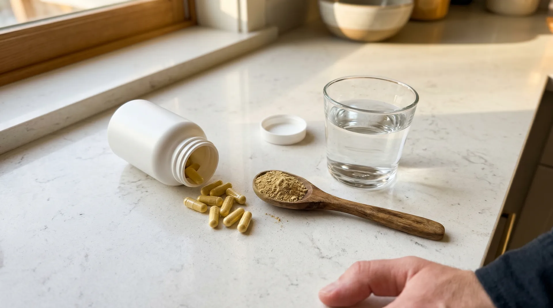 Veganska kosttillskott och kollagenpulver på vit bakgrund