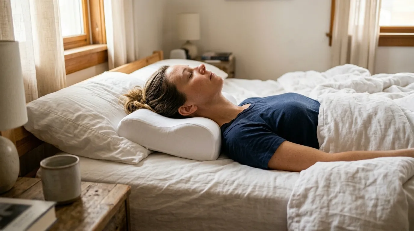 Ergonomisk kudde med cervikalt nackstöd som visar korrekt sovställning för rygg och nacke