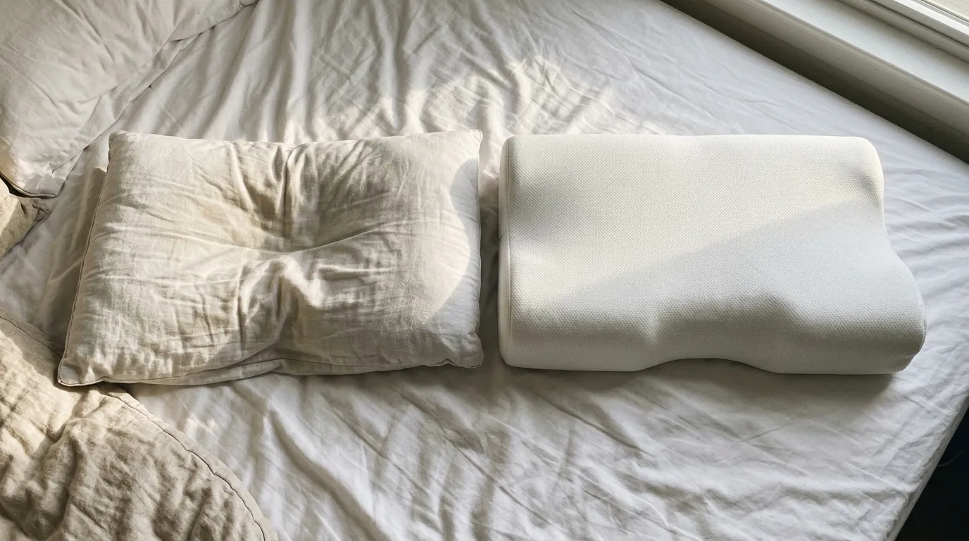 Gammal kudde jämfört med ny kudde för att visa skillnaden i stöd och hygien