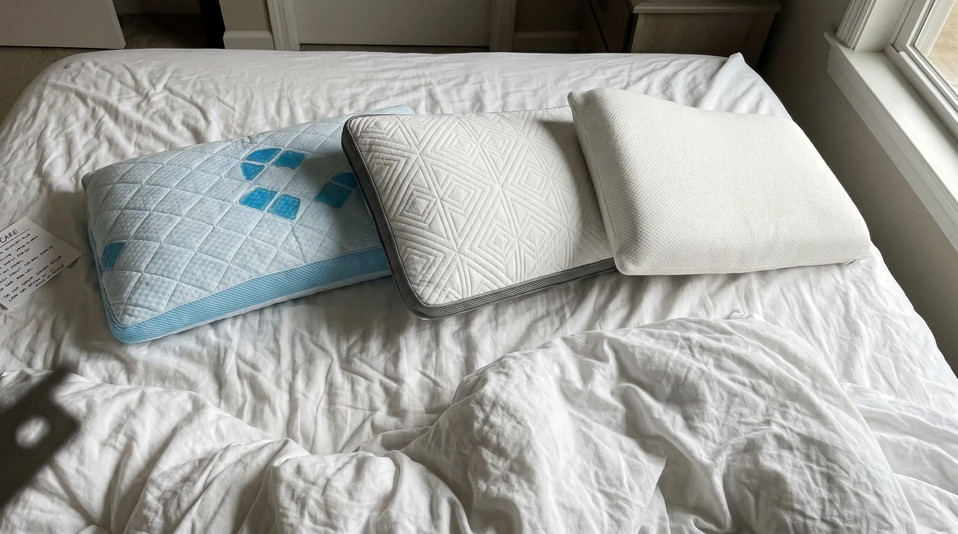 Olika kuddtyper preparerade för tvätt med tydliga instruktioner