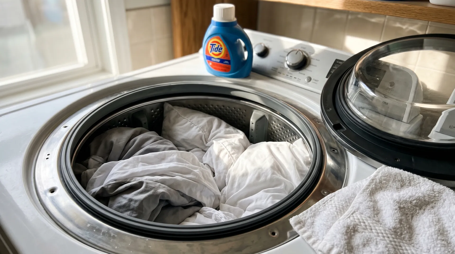 Kuddar i tvättmaskin och tvättinstruktioner för olika material