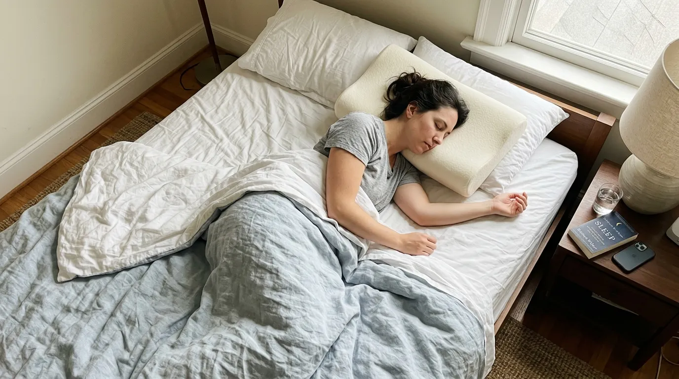 Korrekt sovställning på sidan med kudde mellan knäna