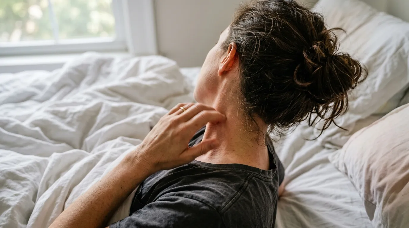 Person med nacksmärta som håller i nacken under natten