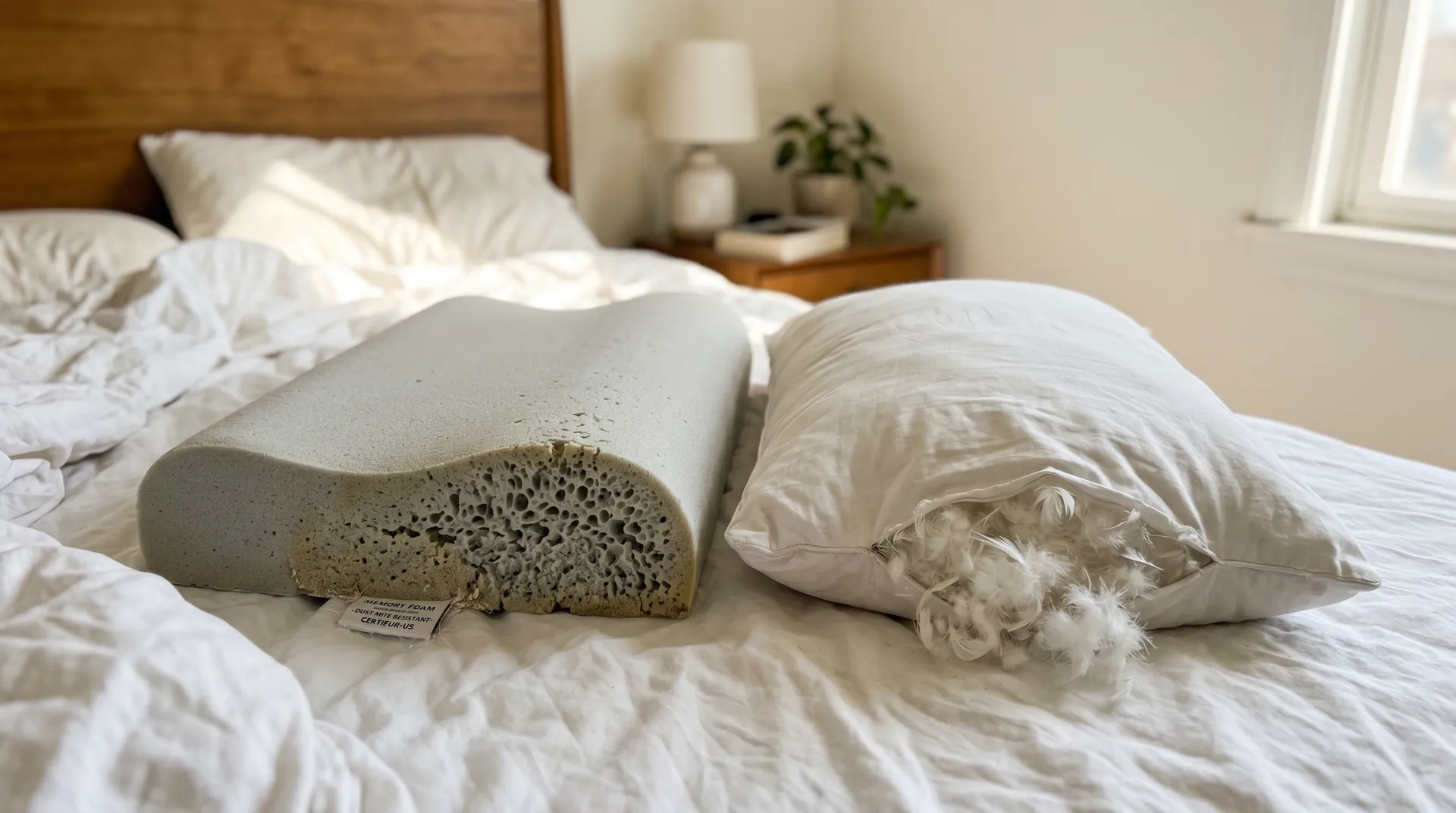 Nära bild av kvalsterfritt minnesskum jämfört med traditionell dunfyllning