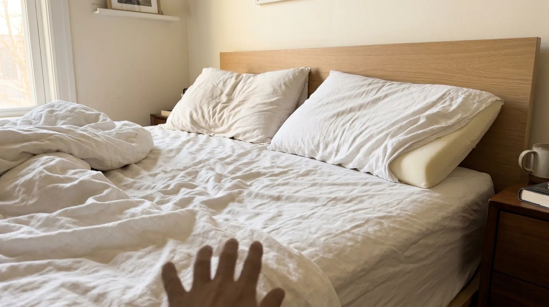 Allergivänliga kuddar i olika material på ett rent sängbord