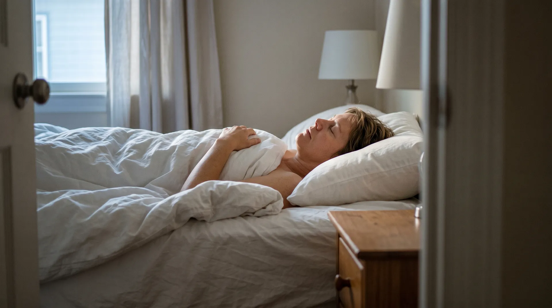 Person sover djupt i bekväm säng med morgonljus