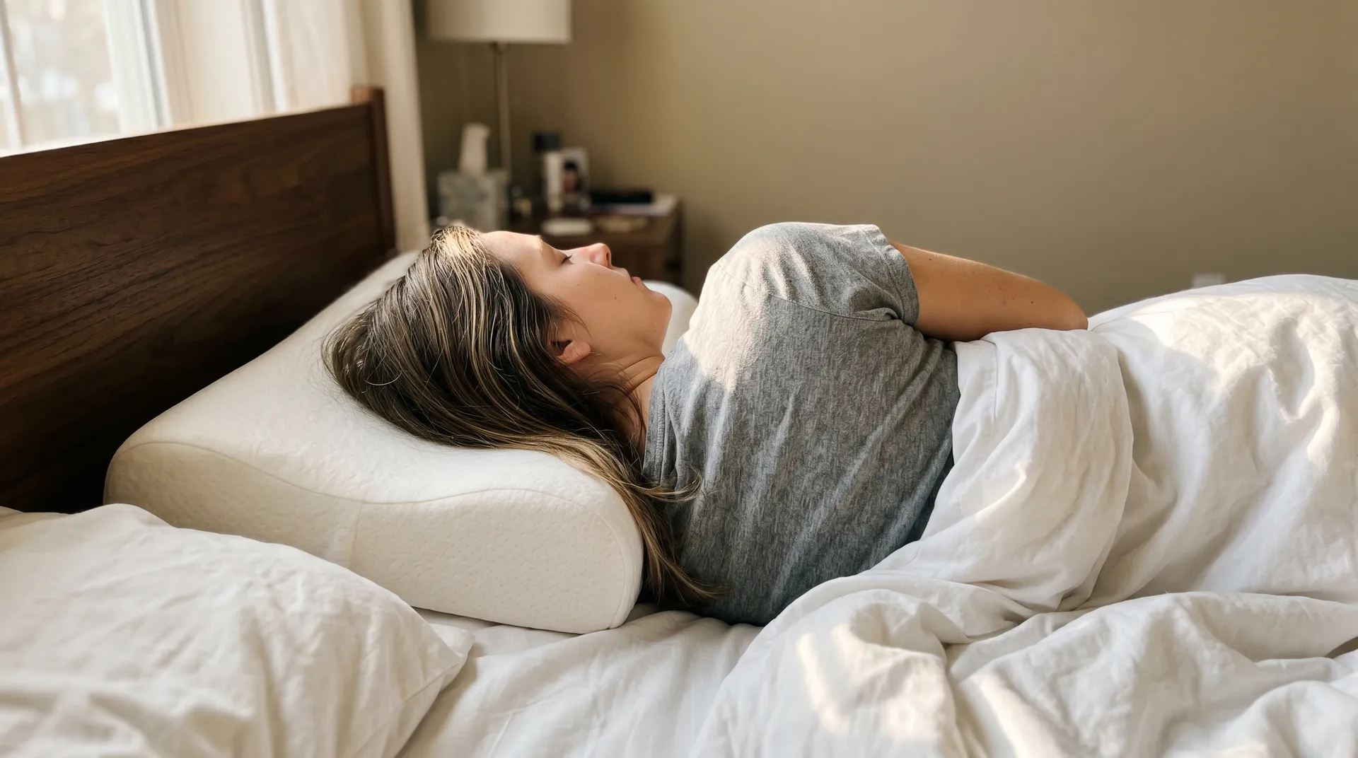 Person testar olika kuddhöjder i olika sovställningar