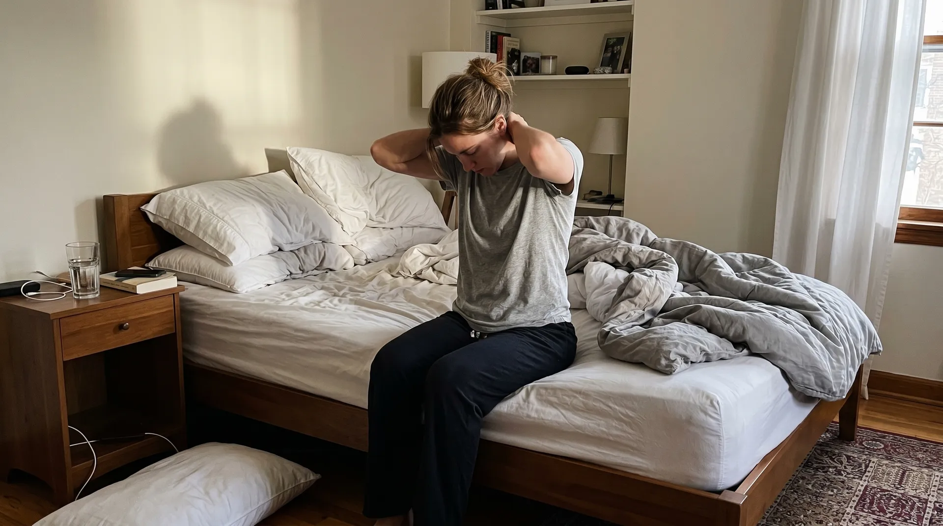 Person utför nackstretchövningar vid sängkanten