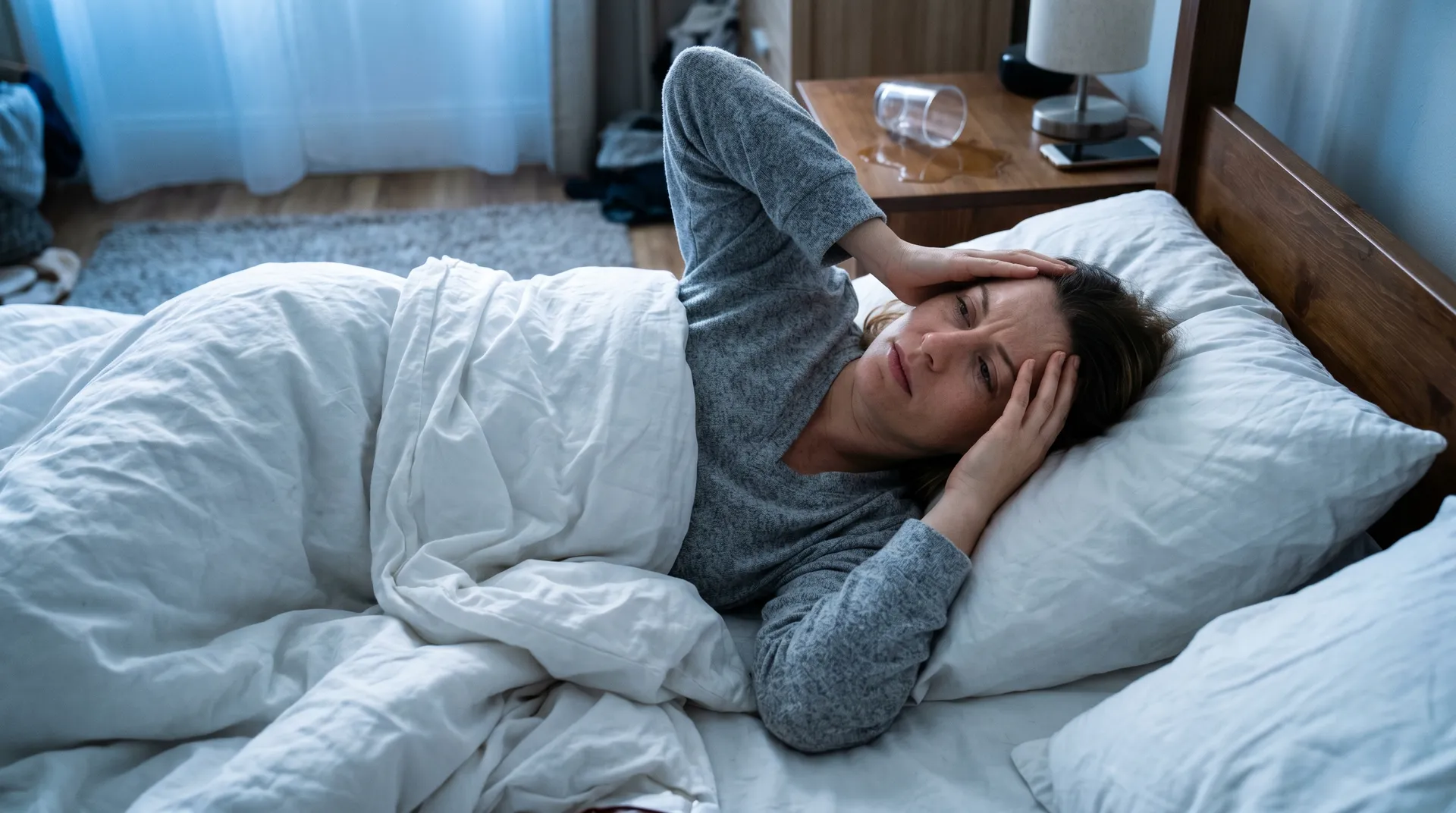 Person vaknar med huvudvärk och håller sig för huvudet