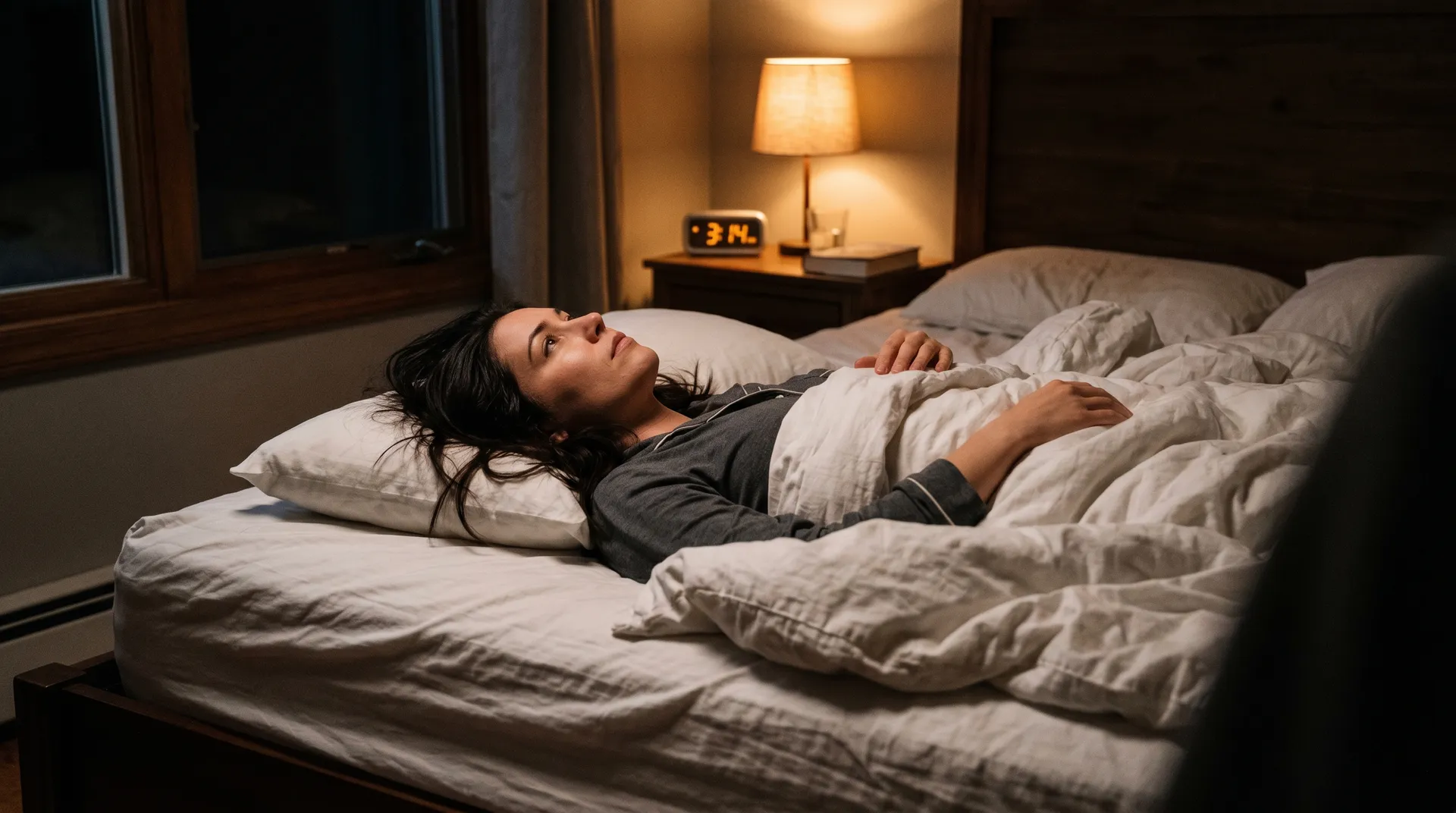 Person som ligger vaken i sängen och tittar på klockan på nattduksbordet