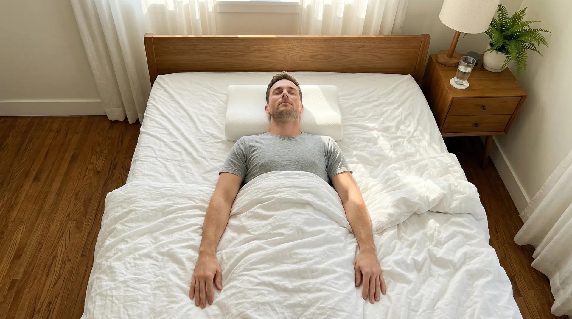 Person som sover på rygg med ergonomisk kudde som stödjer nacken