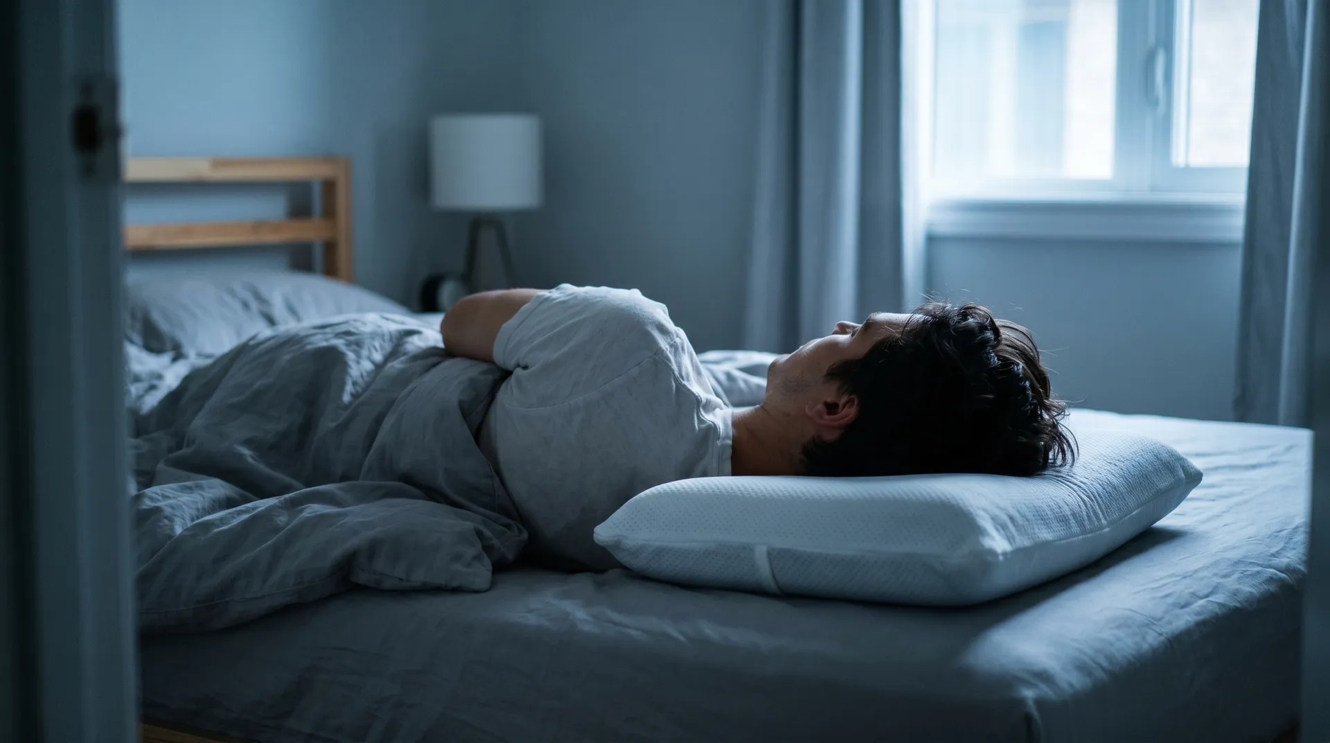 Person sover bekvämt på kylande kudde i svalt sovrum