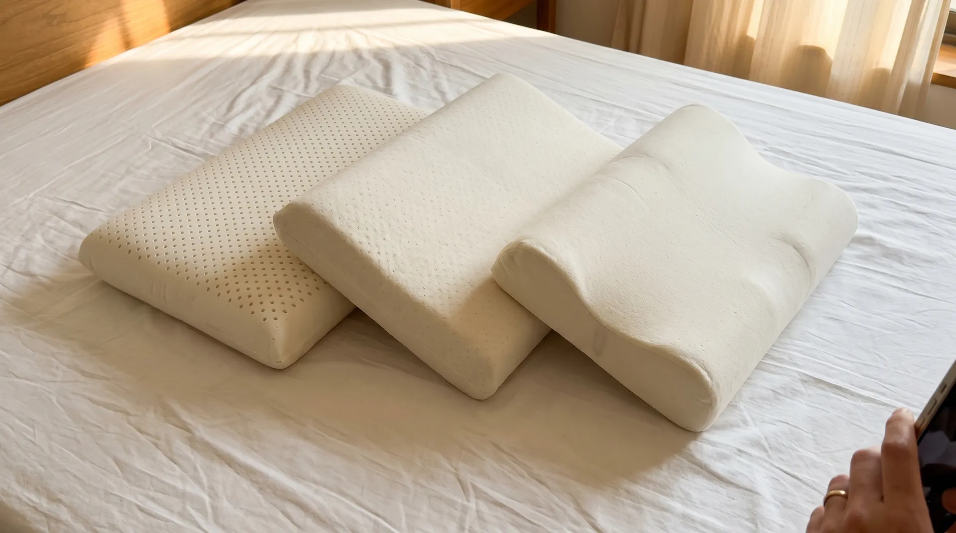 Jämförelse av olika latexkuddar på vit bakgrund