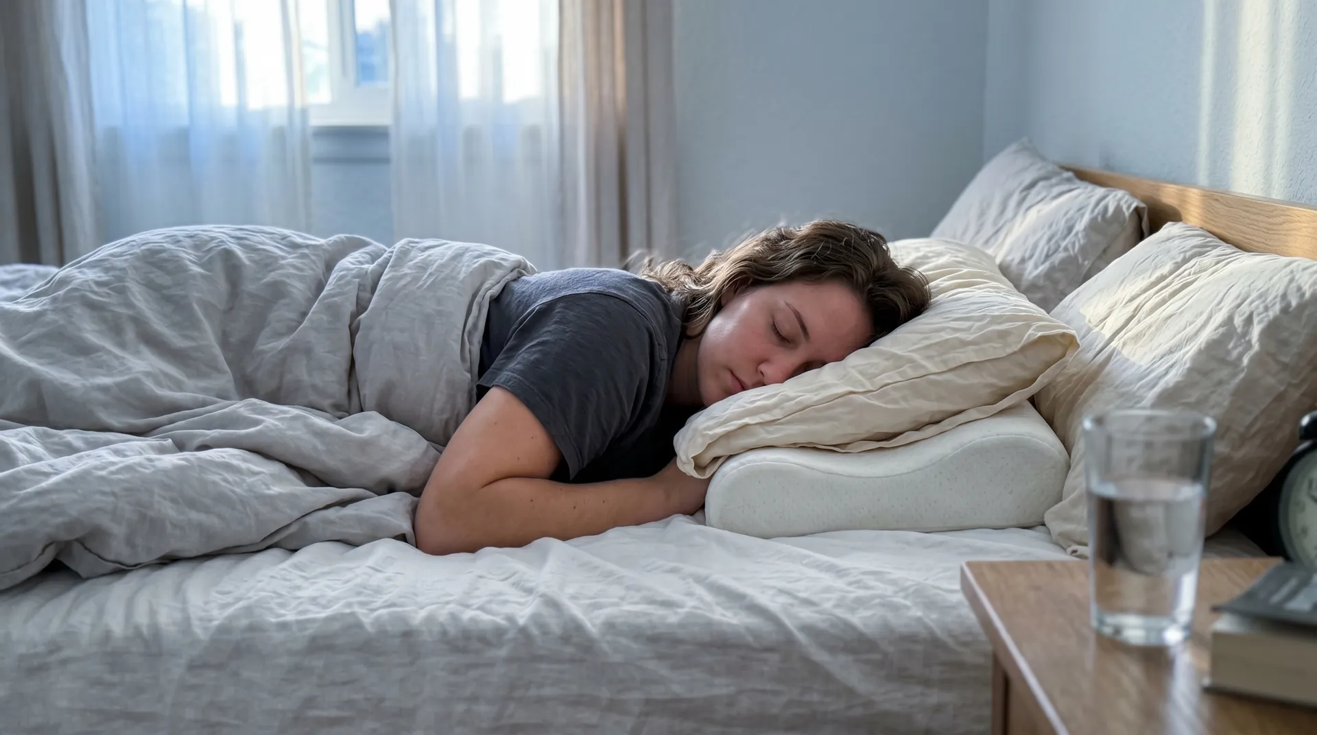 Person som sover bekvämt på sidan med ergonomisk kudde