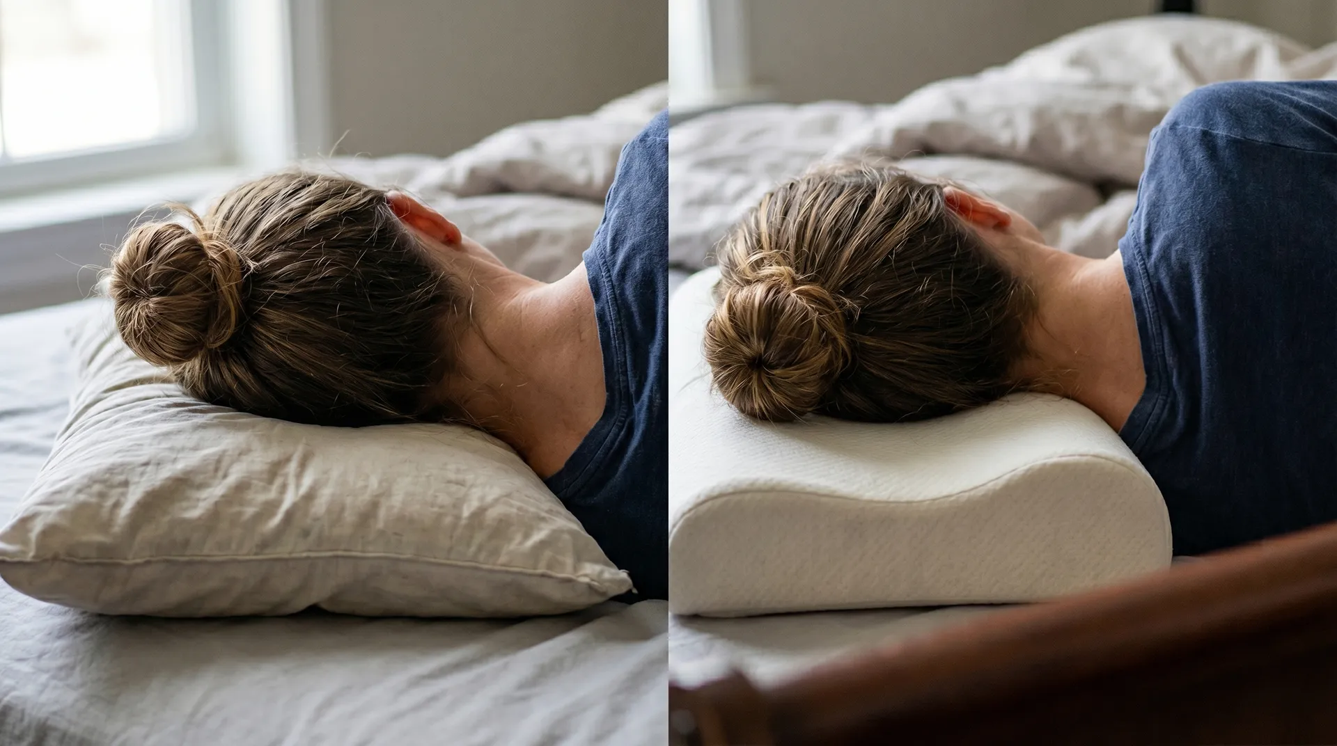 Illustration av korrekt och inkorrekt nackposition under sömn