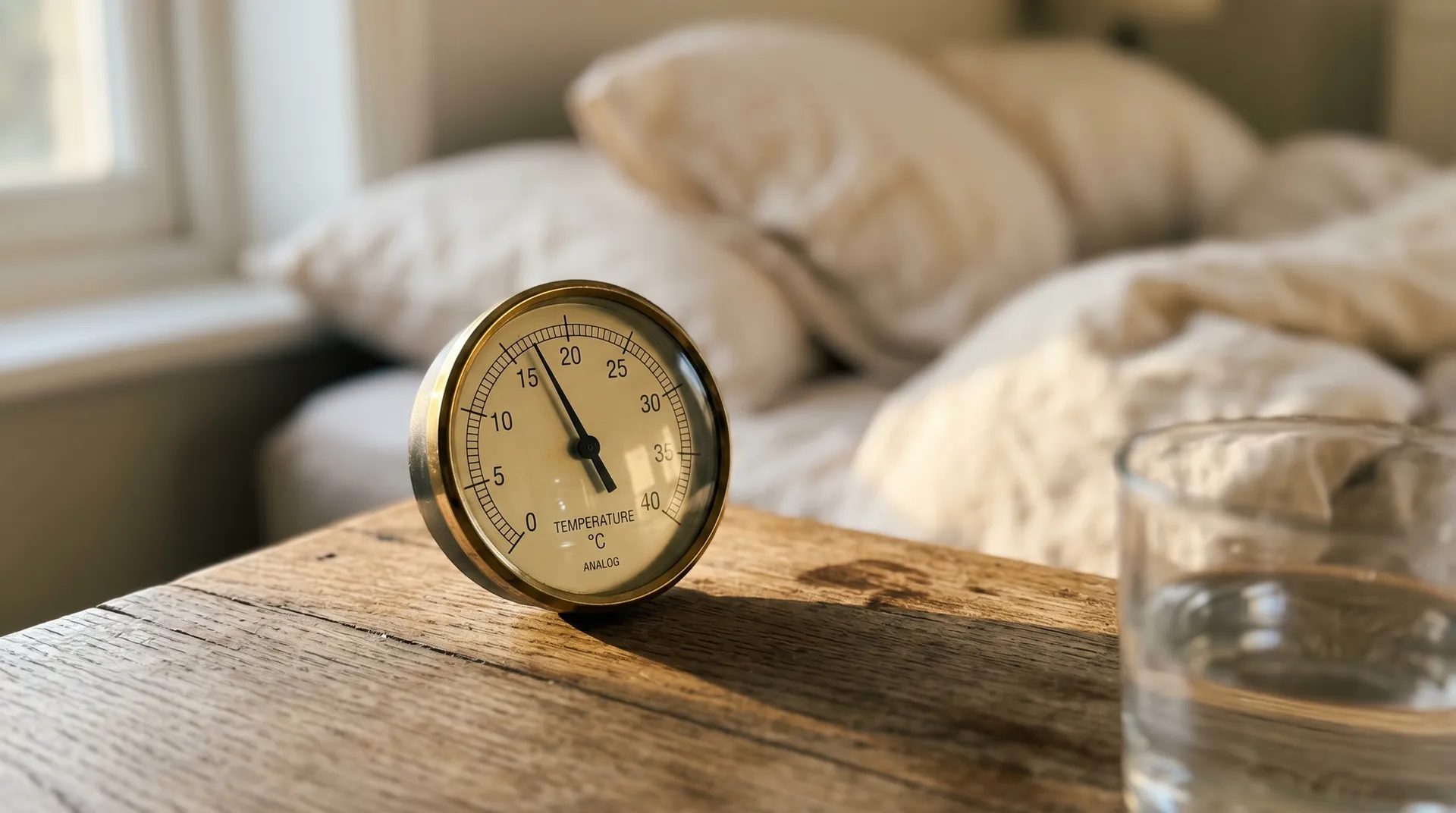 Termometer som visar optimal sovrumstemperatur mellan 16-19 grader