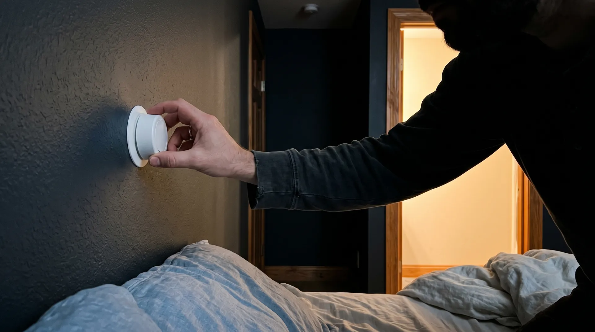 Person som justerar termostat för optimal sovrumstemperatur