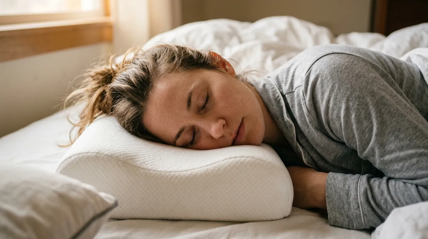 Illustration av korrekt sidoläge med ergonomisk kudde som stödjer nacken i neutral position