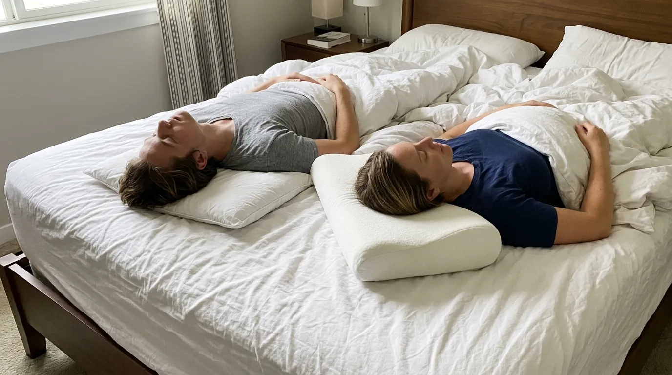 Jämförelse av rätt och fel kuddhöjd i sidoläge med illustration av nackens vinkel