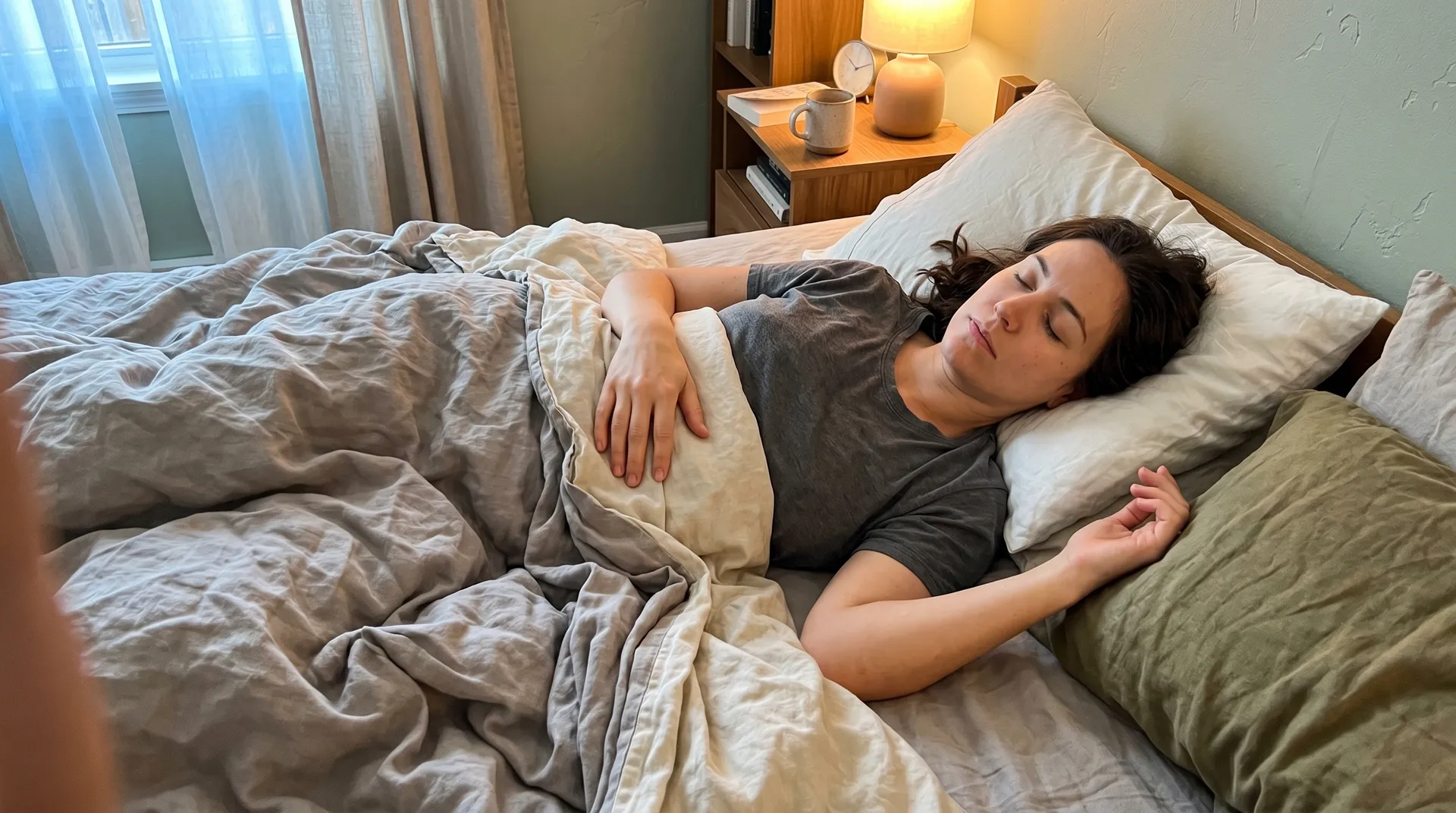 Person som gör progressiv muskelavslappning i sängen