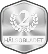 Silver badge with number 2 and 'HÄLSOBLADET' text.