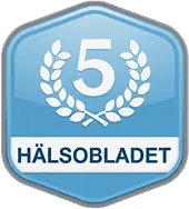 Blue badge with a number 5 and laurel wreath.